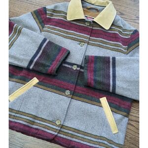 Vintage Australian Outback Wool Southwest Striped Jacket Leather Trim Woman Sz L
